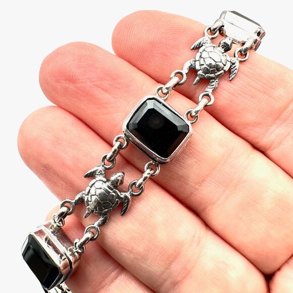Sterling Silver Black Gemstone Turtle Bracelet 24 Grams 8 Inch - Picture 1 of 3